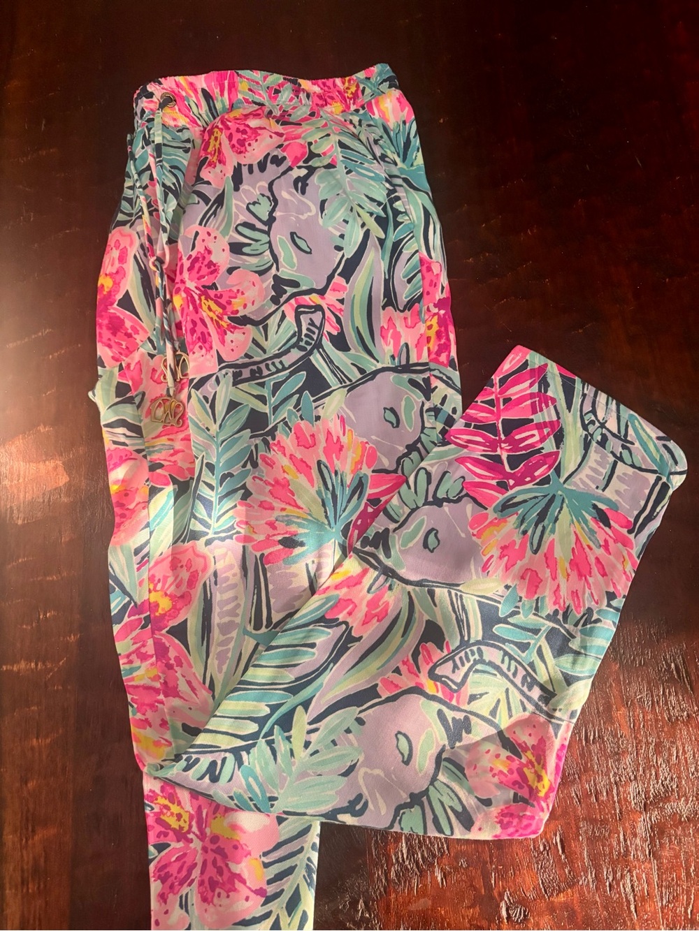 Lily Pulitzer Pants | Floral Tropical Print Lightweight Pants - Pink & Teal (M)